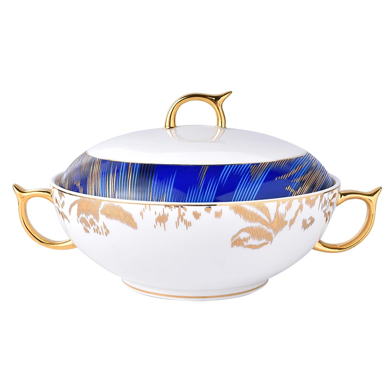 European Style Double Ear Soup Bowl Blue Ceramic Surface Bowl Large Soup Basin with Lid Pot High Quality Luxury Bone China Bowl