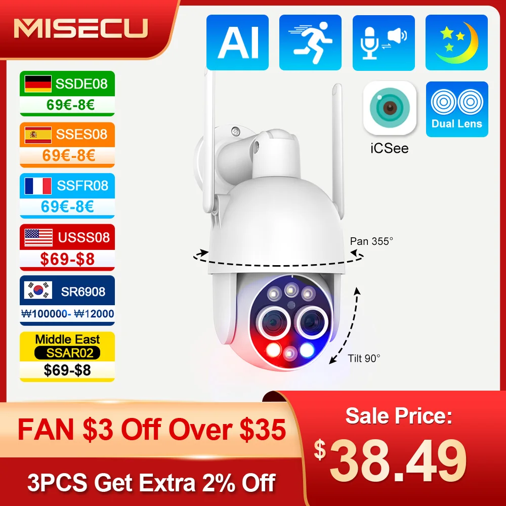 Misecu-câmera de vigilância ao ar livre, 8mp, 4k, 2,8 + 12mm, lente dupla, wi-fi, zoom híbrido 8x, ptz, sem fio, ip, rastreamento automático