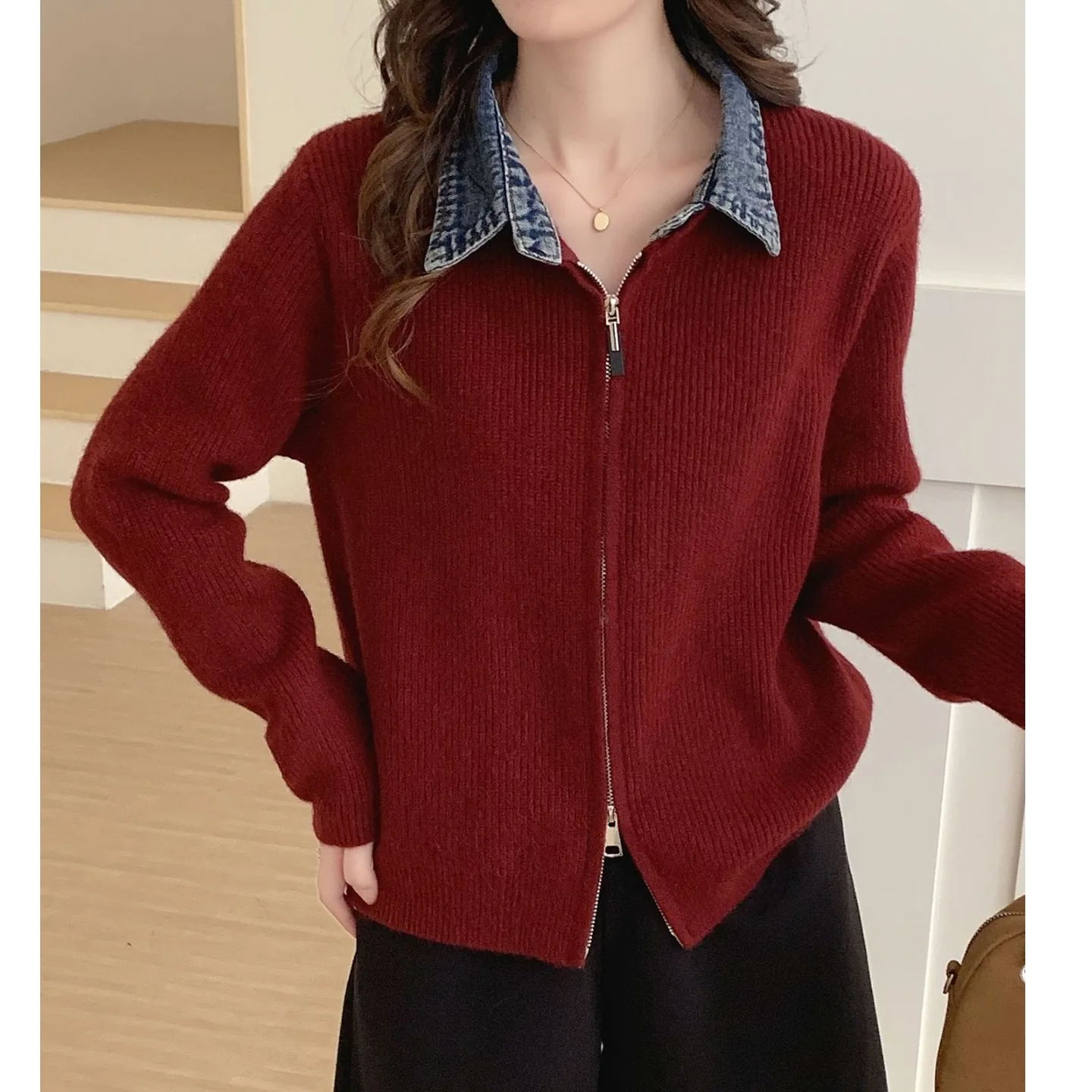 

Women's Knitted Loose Sweater Double Zipper Patchwork Collar Faion Slimming Lazy Sle Autumn Winter Casual Long Sve Top