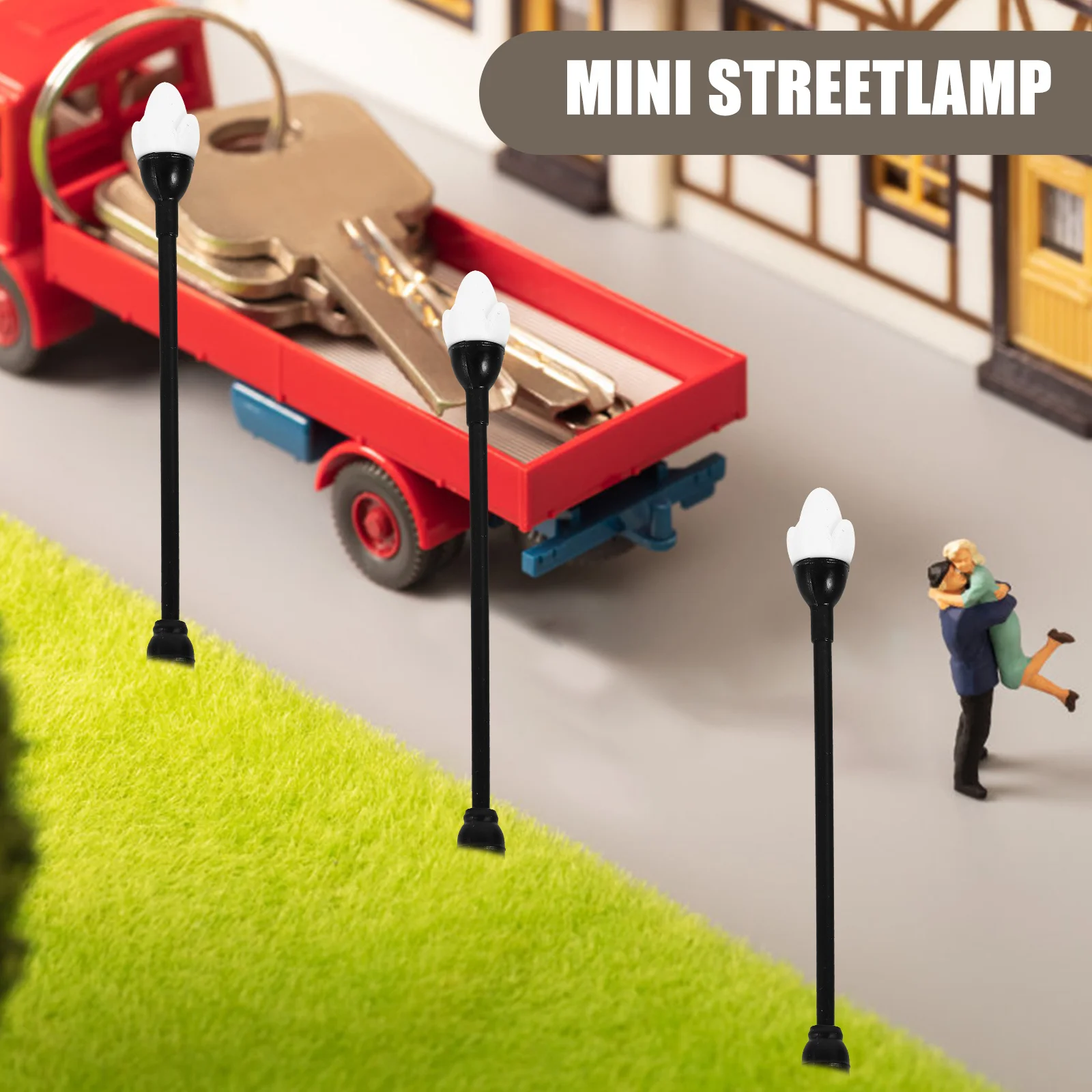 12 szt. Miniaturowe lampy uliczne symulujące oświetlenie, dekoracyjne akcesoria do mikrokrajobrazu, stołu z piaskiem, do scenek mini domków i dioram.