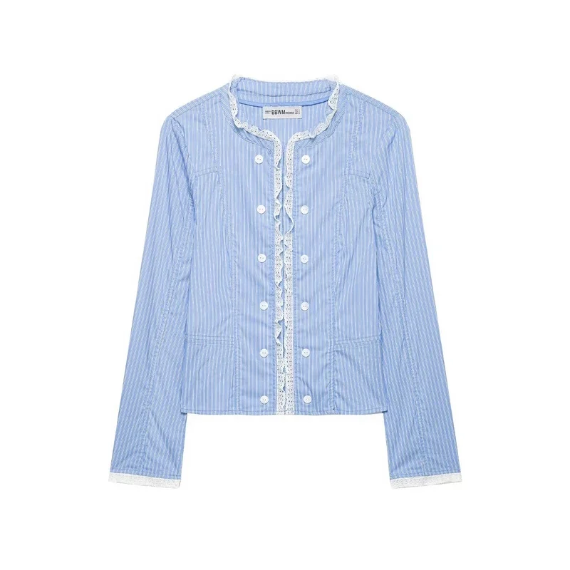 European and American autumn new women's clothing simple and fashionable long sleeved striped lace decorative poplin jacket