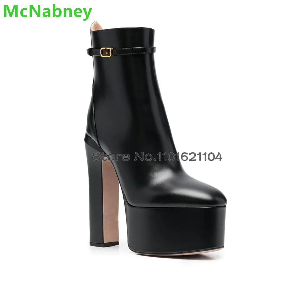 Square Heel Platform Short Boots For Female Women 2024 Winter Leather Fabric Round Toe Side Zipper Luxury Fashion Elegant Shoes