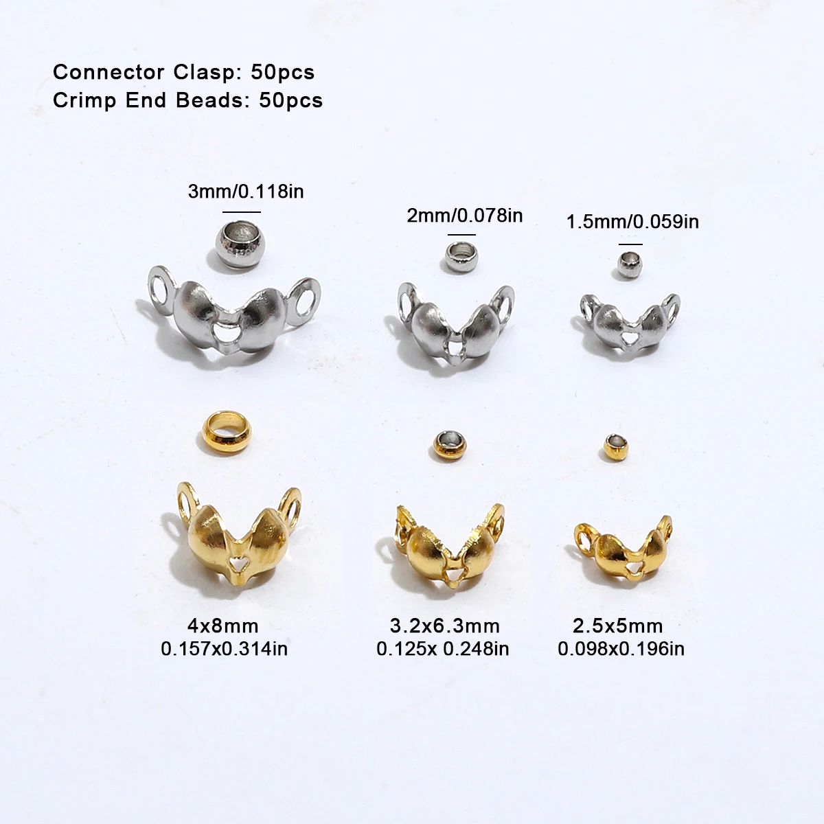 100pcs/lot Stainless Steel Gold Plated Connector Clasp Crimp End Beads For Bracelet Necklace Chains DIY Jewelry Making Supplies