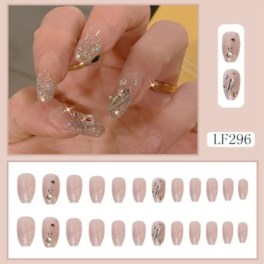 24 pièces manucure détachable paillettes strass presse sur ongles couverture complète longs français faux ongles ballerine