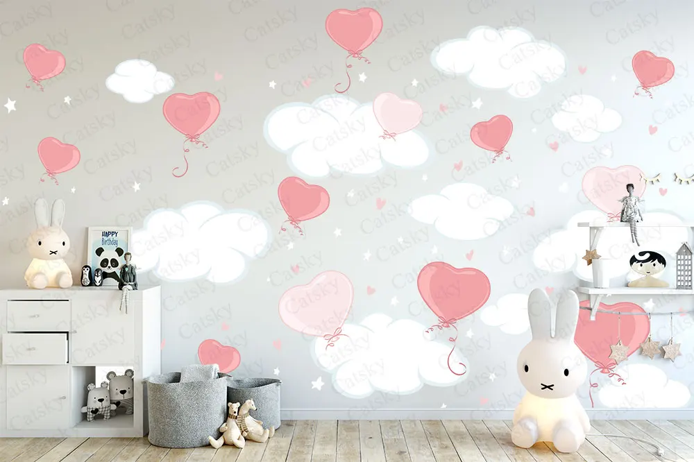 Custom Funny Colorful Love Cloud Sun Wallpaper,Cute Children's Room Decorative Wallpaper,Watercolor Peel and Stick Sticker Gift