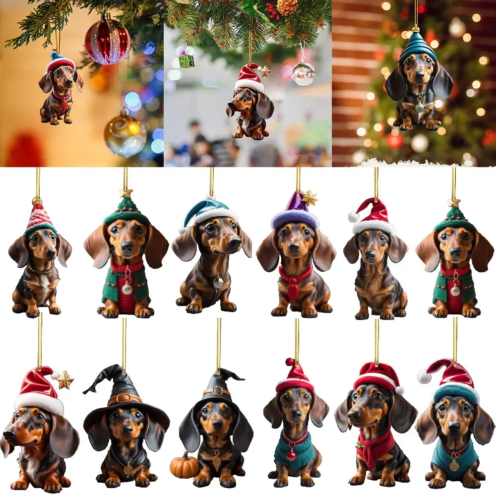 Christmas Cartoon Cute Dog Ornaments Dachshund Dog Hanging Decoration Xmas Tree Pendant Home Party Supplies Car Decor Gifts