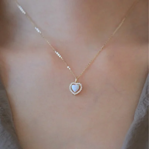 925 Sterling Silver 14K Gold Plated Heart Opal Necklace for Women, Dainty Synthetic Opal Pendant Necklace Jewelry Gift