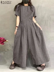ZANZEA Checked Pleated Waist Jumpsuits O Neck Women Short Sleeve Loose Casual Wide Leg Overalls Gingham 2024 Fashion Long Romper