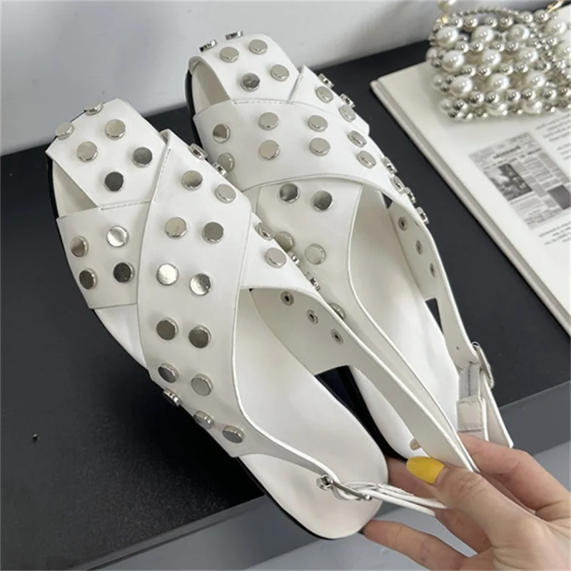

Eilyken High Quality Rivet Woman Flats Sandals Fashion Summer Slingbacks Buckle Strap Square Toe Casual Dress Shoes