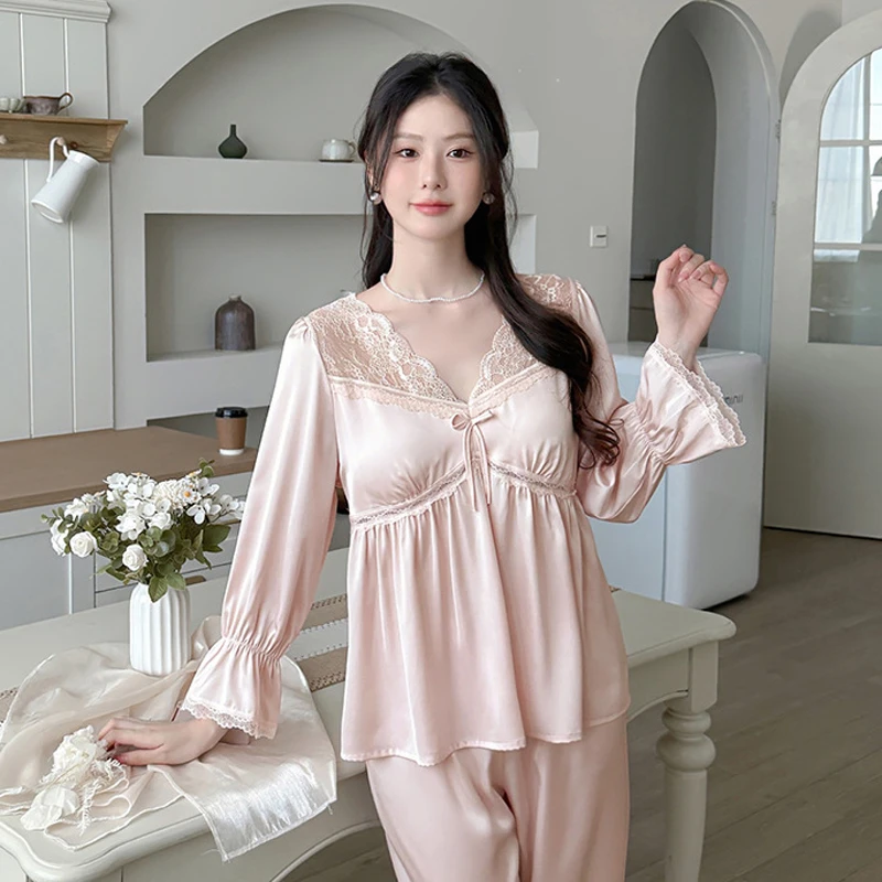 

Пижамные комплекты женские, Новое поступление, шелковистые пижамные комплекты, одежда для сна, брюки с длинными рукавами, костюм, сексуальные кружевные женские пижамы с v-образным вырезом, домашняя одежда