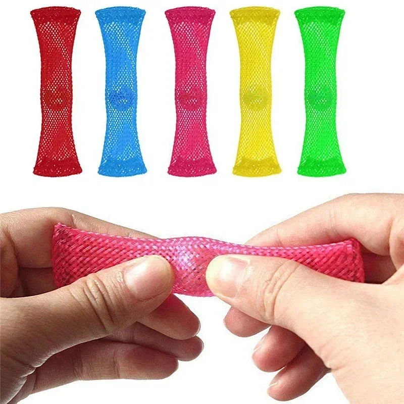 10Pcs Funny Extrusion Woven Net Tube Kids Adults Autism Nylon Decompression Colorful Woven Sensory Stress Relieve Toy Party Gift