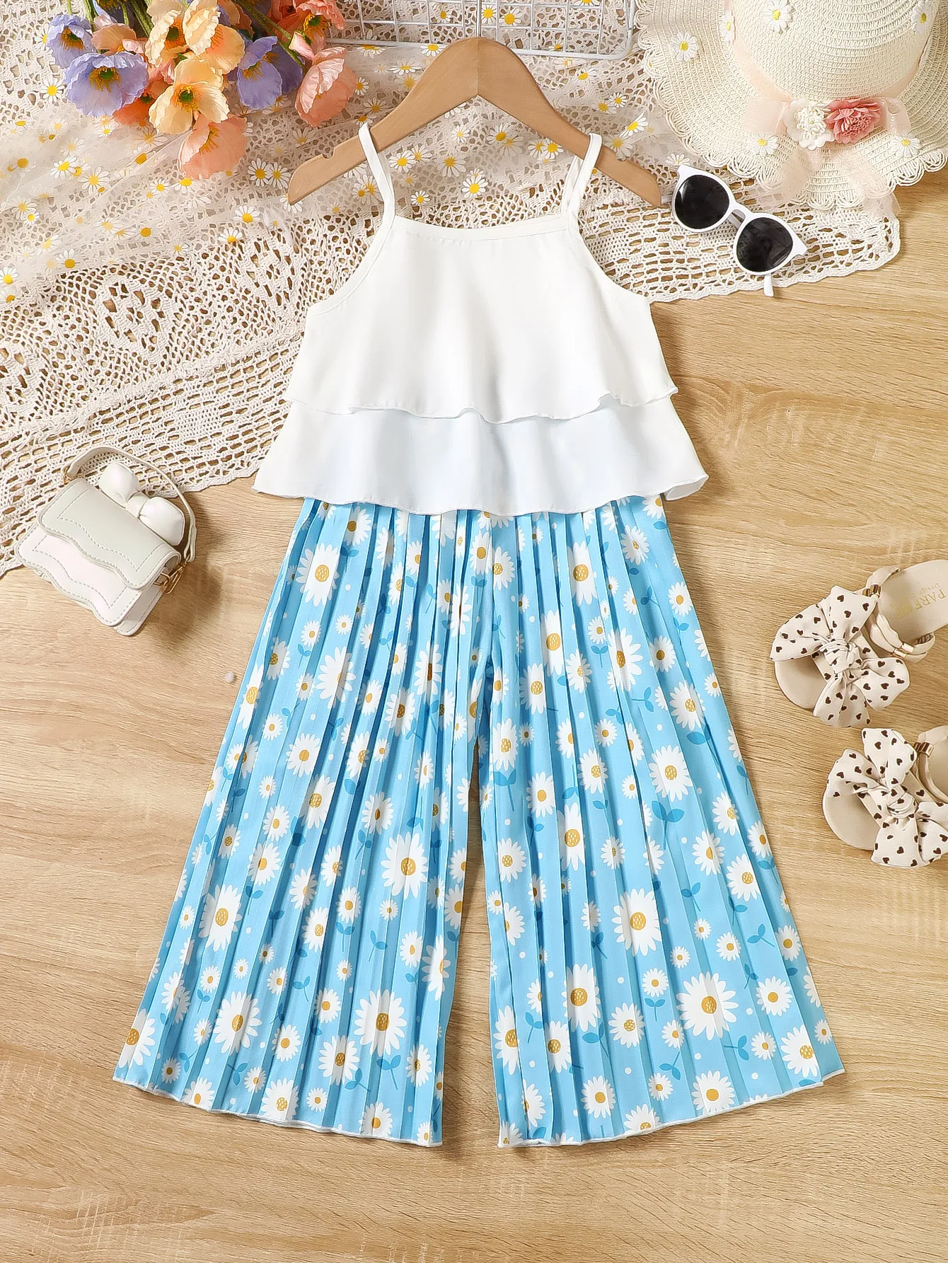 4-7y Girls Fashion Set Pure White Square Collar Small Waistband Elastic Waist Small Daisy Print Loose Pants Fashion Two-PieceSet