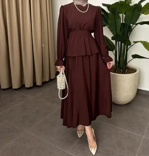 

Two Piece Set Women Outfit 2025 Spring New Round Neck Lantern Sleeve Waist Cinched Top & High Waist Slim Fit Long Skirt Set