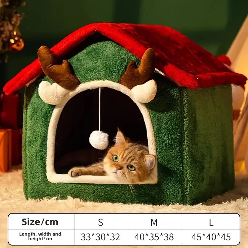 2024 Foldable Winter Christmas Pet House Detachable Thickened Closed Cat House Cats Bed Tent Four Seasons Universal Cat/Dog Nest