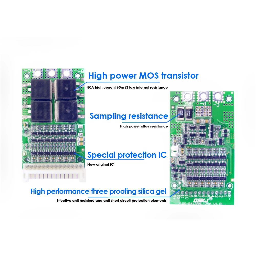 Bateria Carregamento Protection Board, carregamento Protection Board, sem função de equalização, mesmo porto, Split Port Fiação, Li-fepo4, 6S-13S, 25A, alta corrente