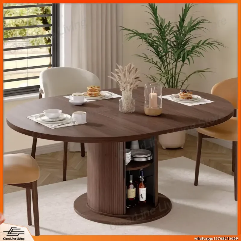 Extendable Round Dining Table 47 to 63 Inches with Pedestal Base Storage Mid Century Modern Farmhouse Kitchen Living Room