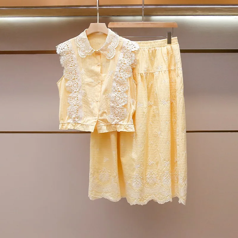 High-end Women's Clothing Summer New French Foreign-style Thin Lace Splicing Vest + Skirt Set High Quality High Appearance Level