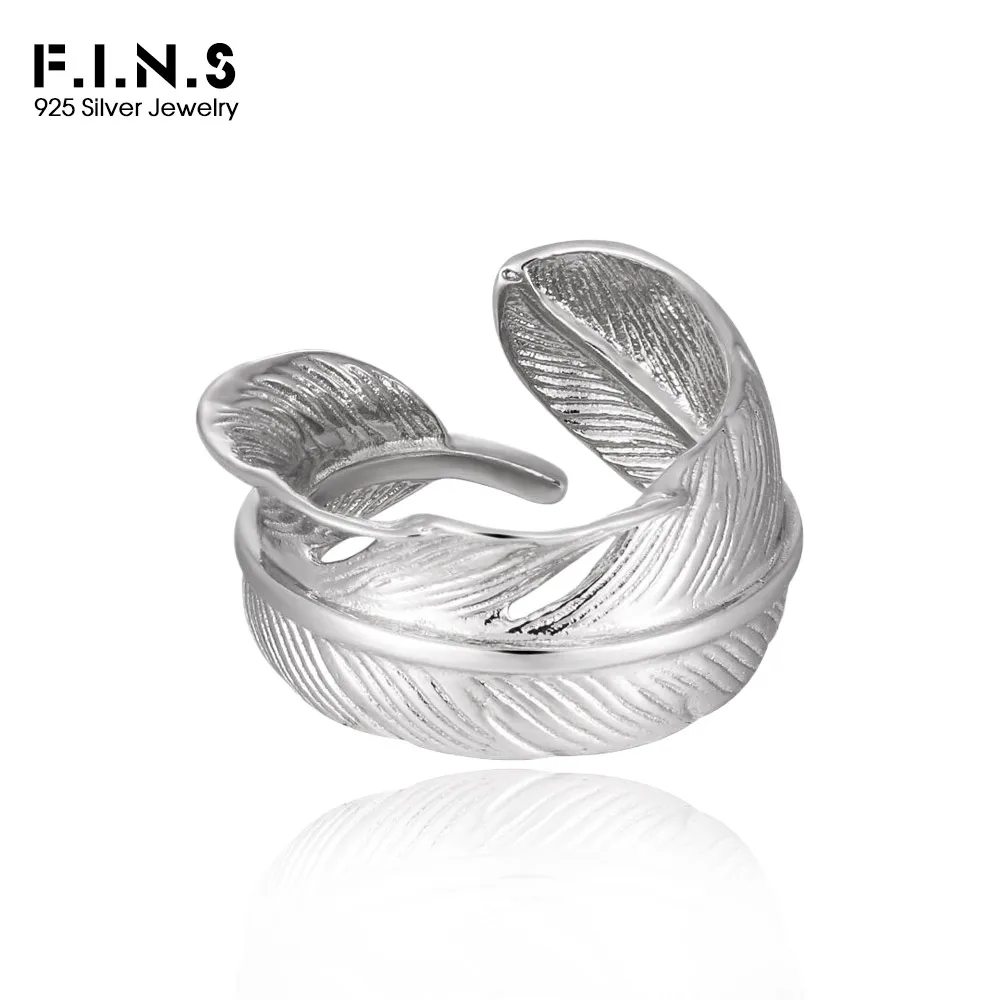 

F.I.N.S Кольцо из стерлингового серебра 925 пробы с дизайном перьев, открытое регулируемое кольцо с широким индексом на средний палец, эффектные ювелирные изделия, гипоаллергенные
