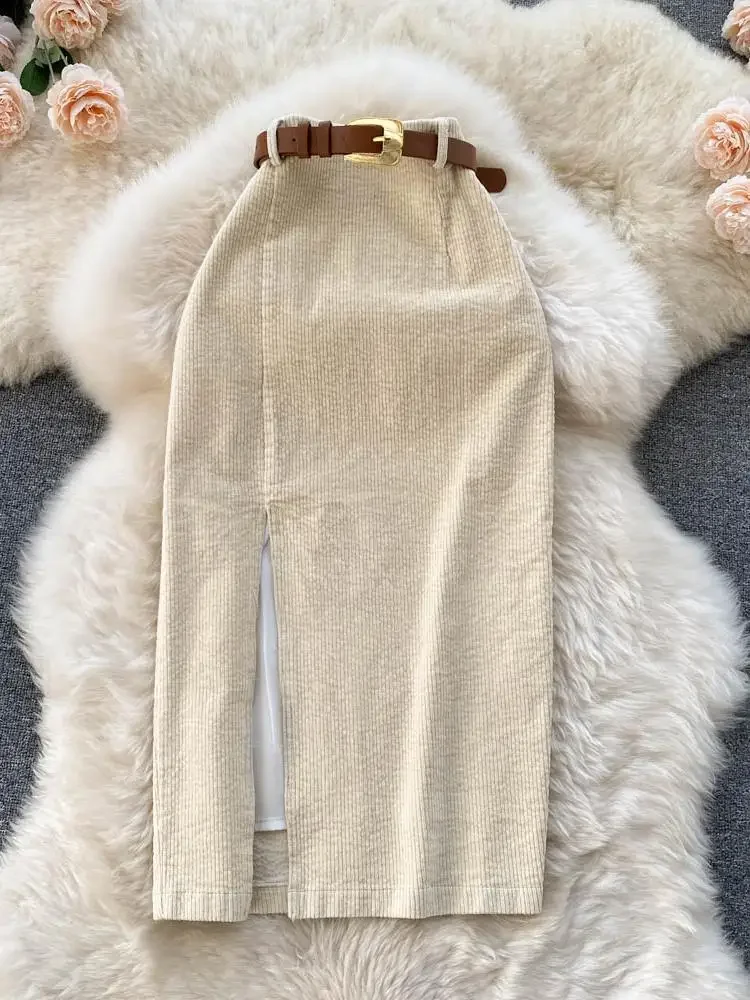 

Autumn Winter Brown Corduroy Pencil Skirts Women 2023 New Black High Waist White Slim Office Female Wrap Hip Split Skirt Fashion