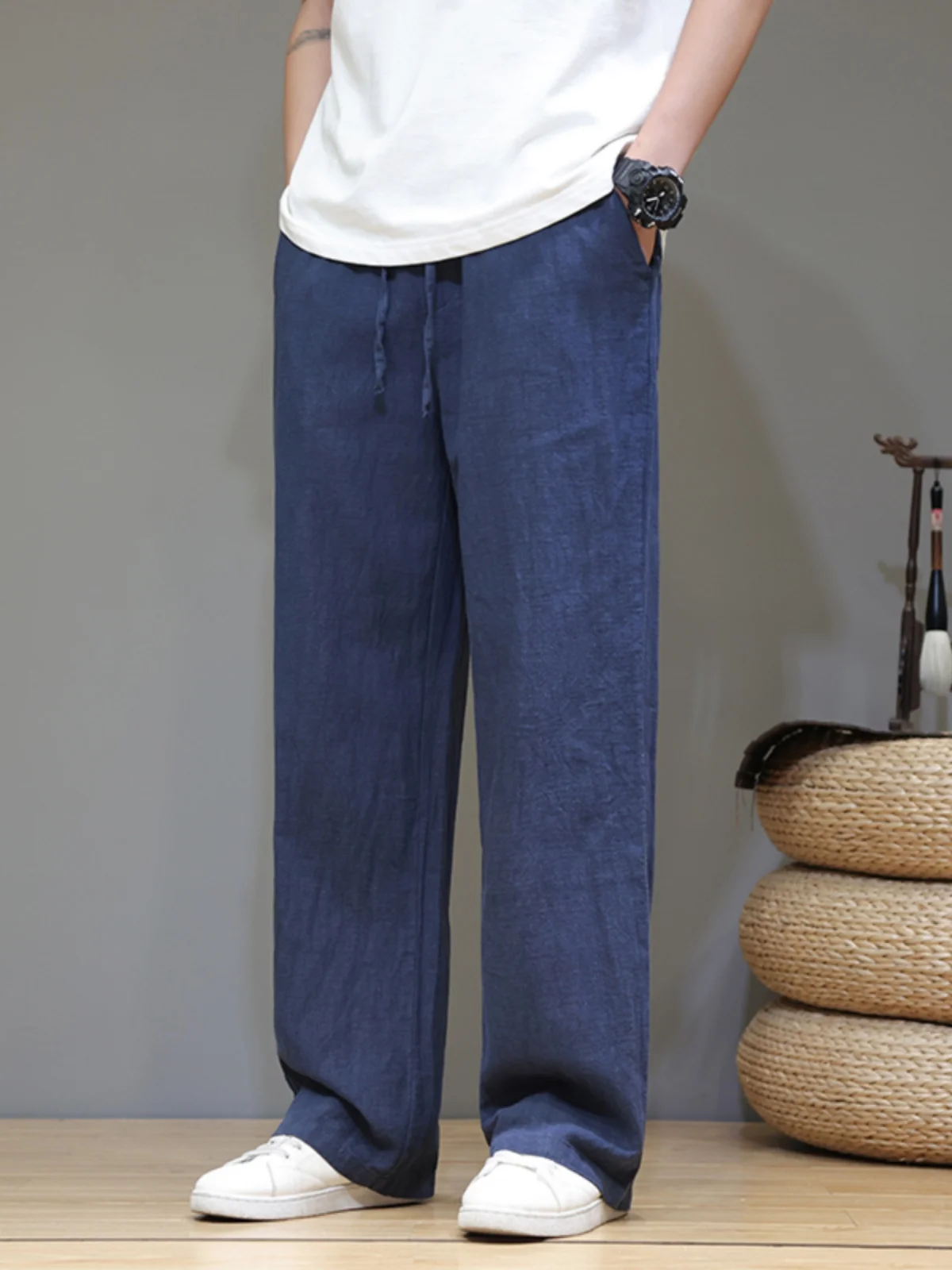 Loose Wide Leg Pants Men's Linen Cotton Drawstring Elastic Waist Spring Summer Cool Feeling New Chinese Style Floor-Length Li...