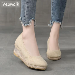 Veowalk Patchwork Women Comfortable Linen Cotton 6cm High Heel Wedge Espadrilles Sandals Summer Slip On Hemp Platform Shoes