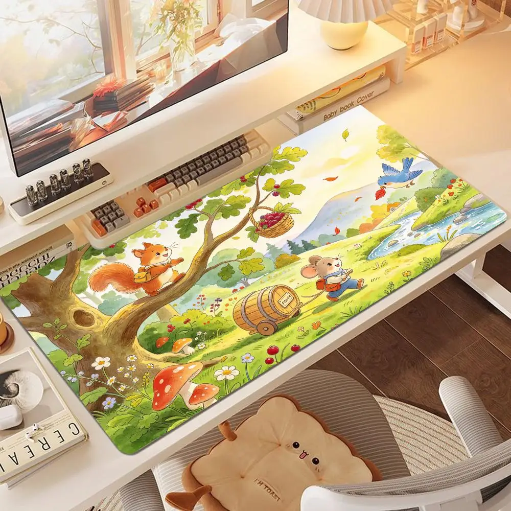 Snowy Forest Animal Picnic Gaming Mouse Pad Stitched Edges Large Size Smooth Surface For Kids Room Decor