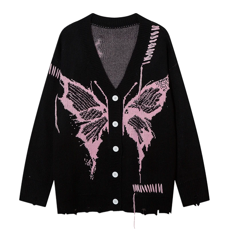 

Knitted Coat Cardigan Black American Retro Butterfly Jacquard Sweater Men's Women's Same Loose Casual Versatile AutumnWinter 1Pc