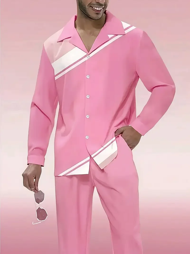 

Men's Button-Down Long Sleeve Shirt and Pants Two-Piece Set with Contrast Color Stripe, Fashion Casual Daily Outfit for Party Cl