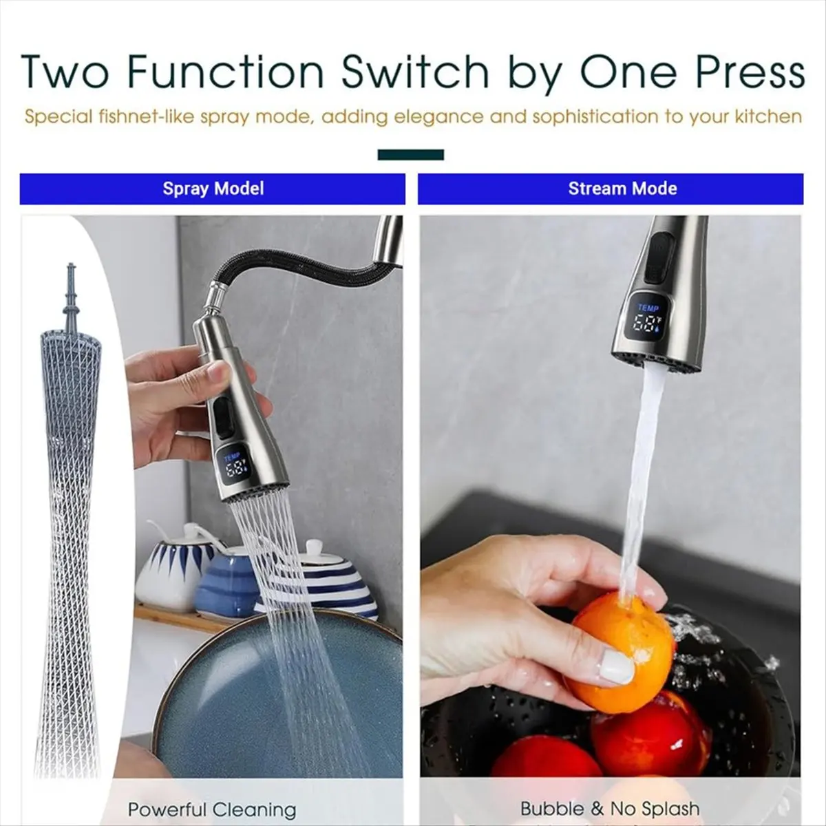 A45I Kitchen Faucet Nozzle Pull Out Sink Water Tap Nozzle LED Digital Display Faucet Adapter Universal Taps Bubbler Connector