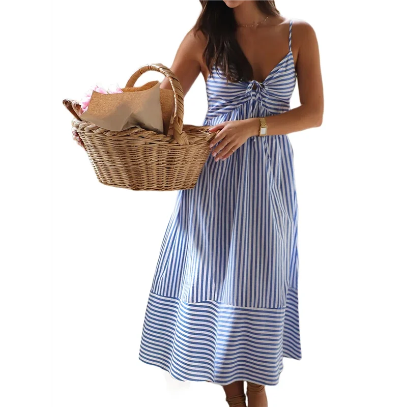 ABP-レディース サマー Vネック マキシドレス ストライプ ホリデー ボヘミアン ビーチ スパゲッティストラップ サンドレス バックタイ