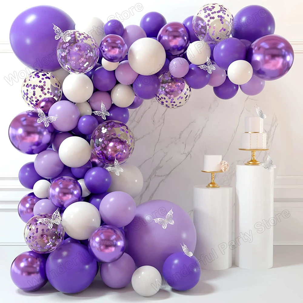 1Set Balloon Garland Kit Arch White Purple Light Metallic Purple Confetti Balloons Wedding Baby Shower Birthday Party Decoration