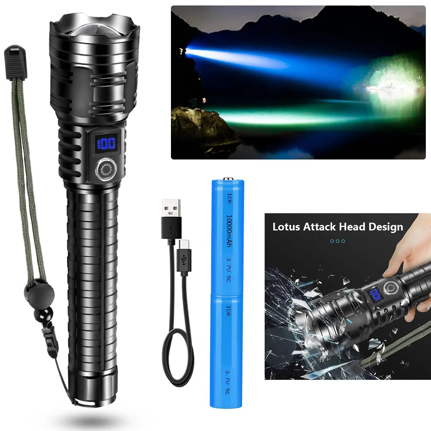 BALDR 10000Mah White Laser Flashlight with LED Screen Display USB Charging Outdoor Zoom Long-Range Multifunctional Flashlight