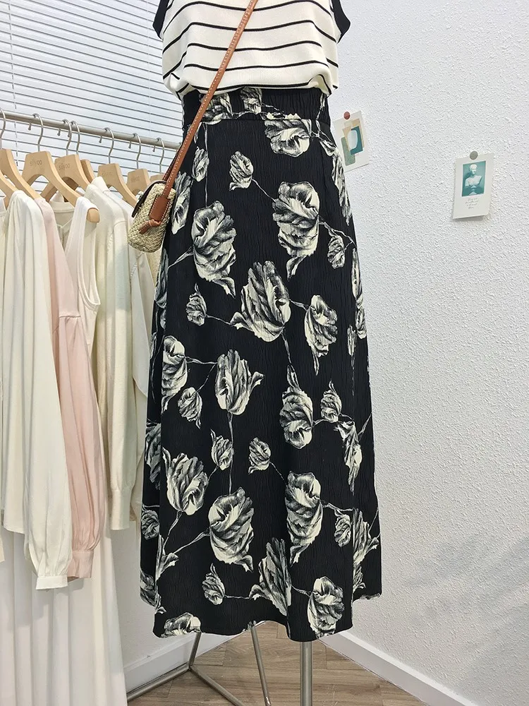 

Vintage Midi Long Skirts A-Line Loose High Waist Skirt Chiffon Rose Pleated Print Skirt Beach Holiday Party Skirt Summer Women