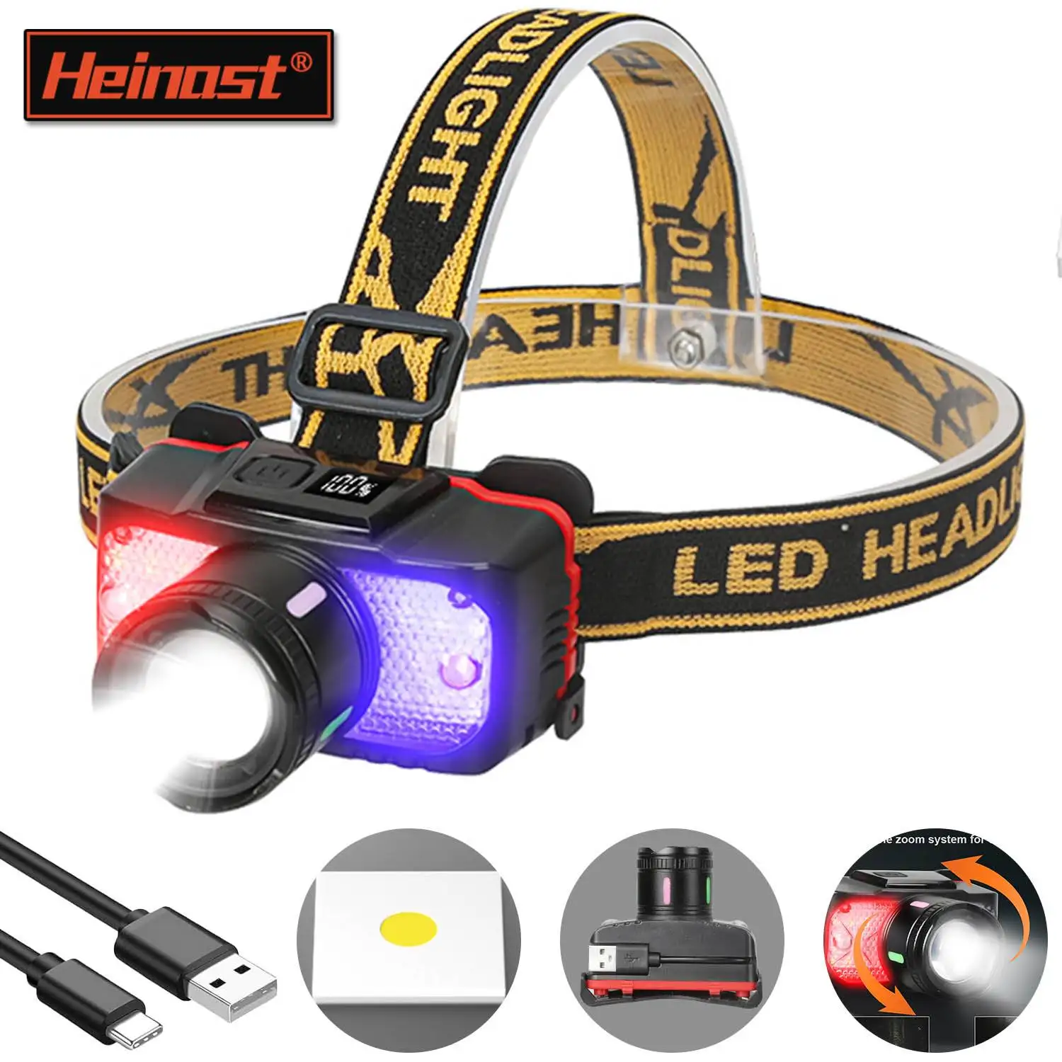 

Heinast LED Ultra-Bright Headlight, with Red and Blue Light, 6 Lighting Modes, Rotatable, Zoomable, Waterproof Camping Light