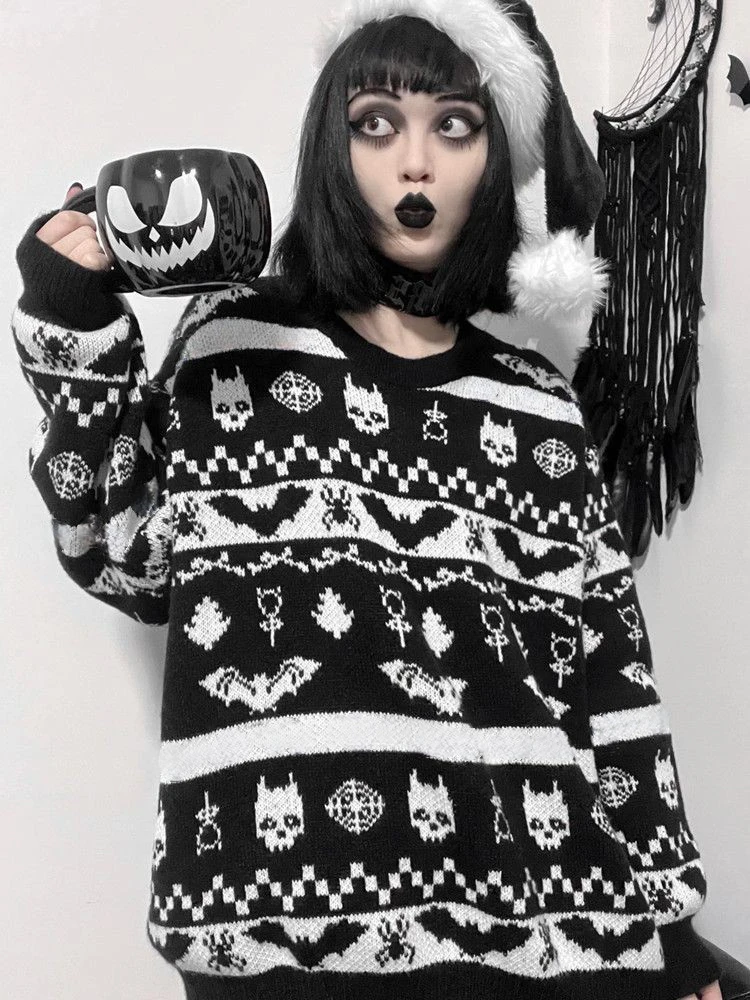 Yangelo Halloween Dark Gothic Skull Punk Retro Bat Pattern Autumn Winter Soft Warm Knitted Sweater Women\'s Pullover