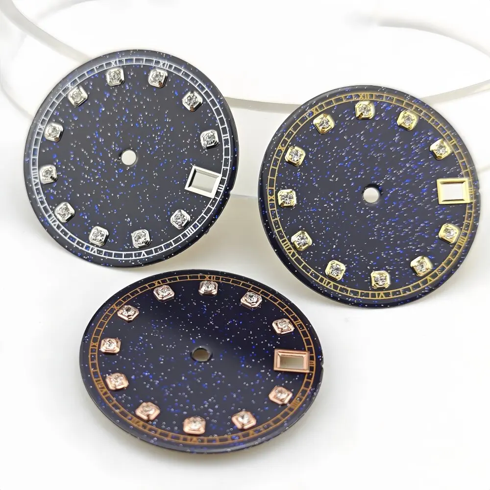 28.5mm Diamond Nature Bluestone Sports Diving Watch Dial Suitable for NH35 Automatic Movement Rose Gold Silver Case Mod Parts