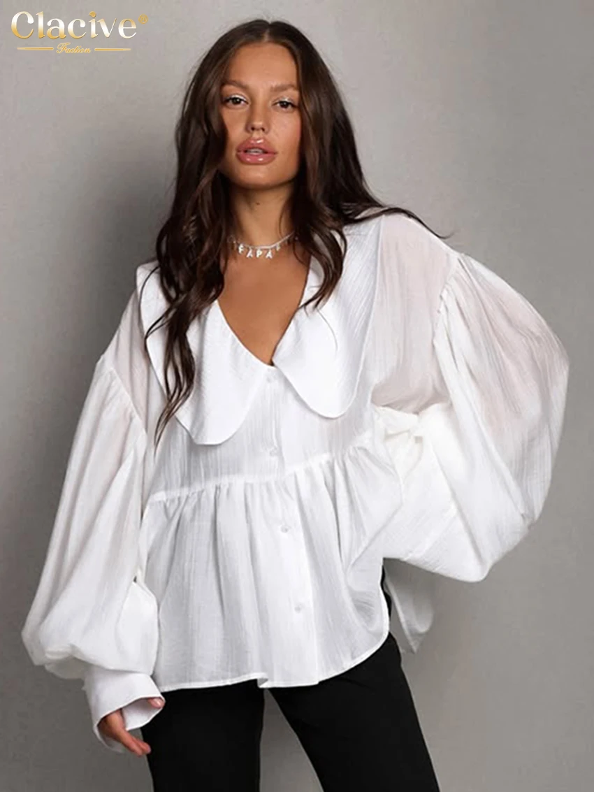 Clacive Fashion Loose White Women's Shirt 2025 Casual Lapel Long Sleeve Shirts Elegant Classic Solid Blusas Top Female Clothing