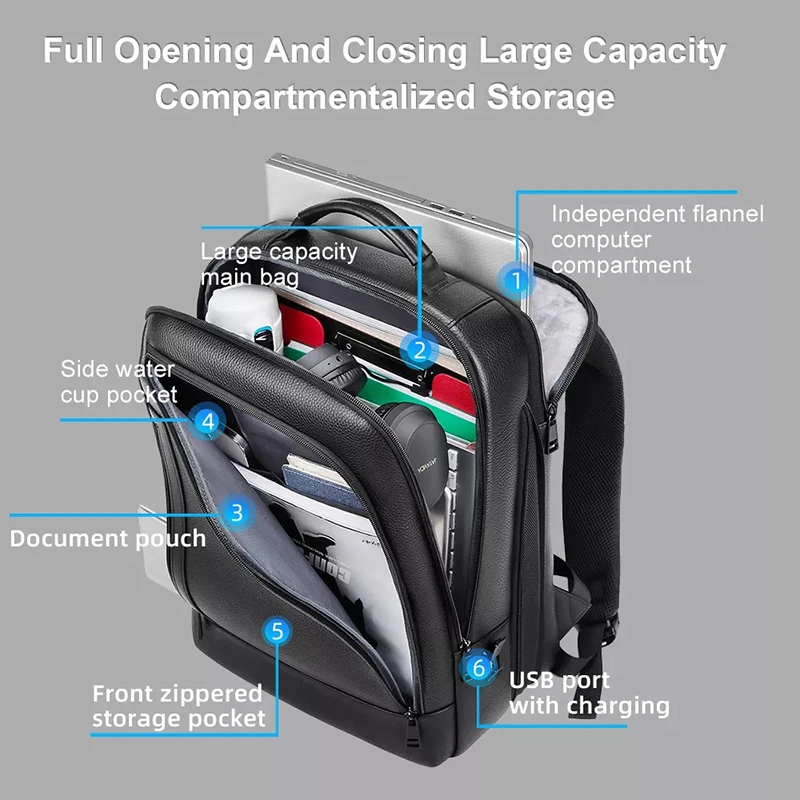 Multifunctional 15.6 inch Laptop Backpack Genuine Leather Travel Bag Men Business Backpack Bag with USB Charging Port Mochila