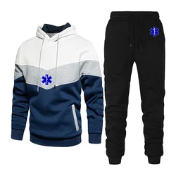 EMT Emergency Ambulance 2023 Men's New Fashionable Print Three-Color Stitching Autumn And Winter Hooded Sportswear Casual Suits