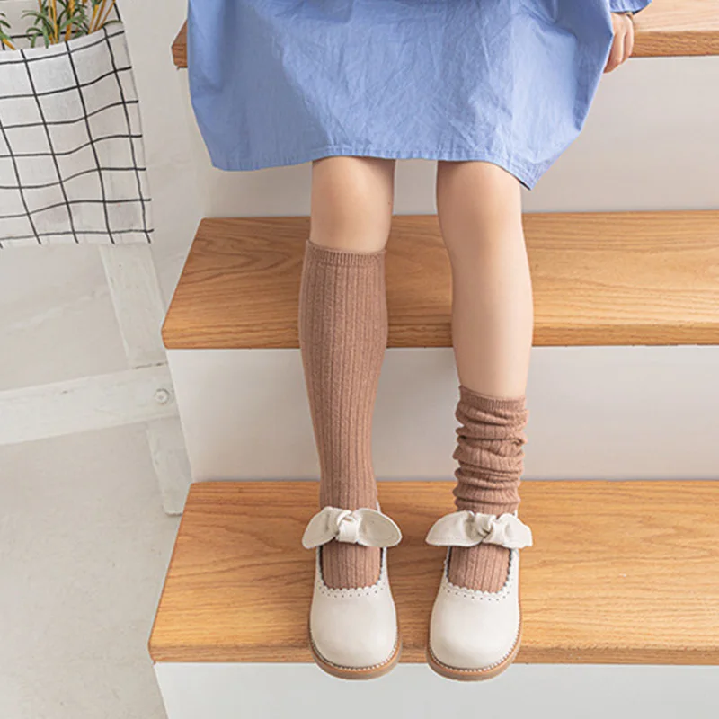 Spring Autumn Children Long Socks Solid Color Stockings Heel Free Straight Tube 33cm Boys Girls Knit Cotton Sock Kids Footwear