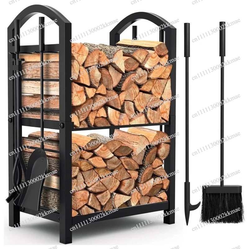 Black Thickened Wrought Iron Firewood Rack Fully Disassembled, Light Luxury Log Holder with Spot Hair Strap Hook