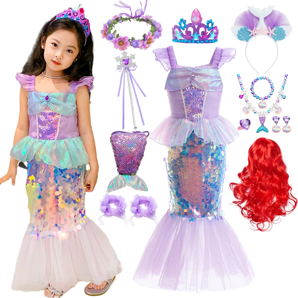 Robe de Petite Sirène à Paillettes pour Enfant Fille, Costume de Cosplay, miles Poisson, ixd\'Anniversaire, Vêtements d\'Halloween