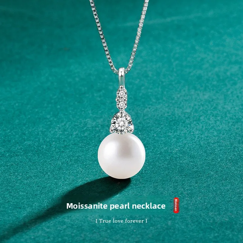 0.48CT D-Color Tassel Three-Prong Moissanite & Freshwater Pearl Pendant Necklace, Platinum Plated S925 Silver, Exquisite
