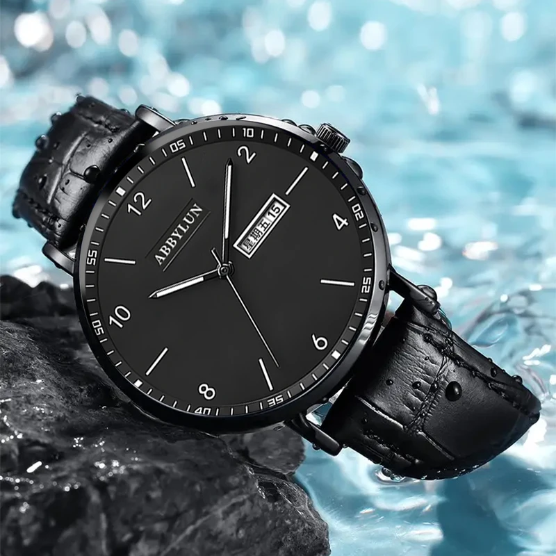 Abbylou 981 jam tangan pria Quartz, jam tangan kulit jaring langit berbintang tahan air untuk pria