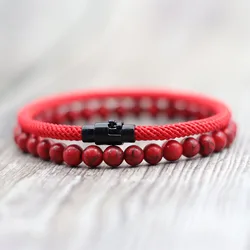 New 2Pcs Men Bracelet Set Lucky Red Thread Braslet 6mm Natural Onyx Tiger Eyes Stone Strand Braclet Pulseria Homme Beach Jewelry