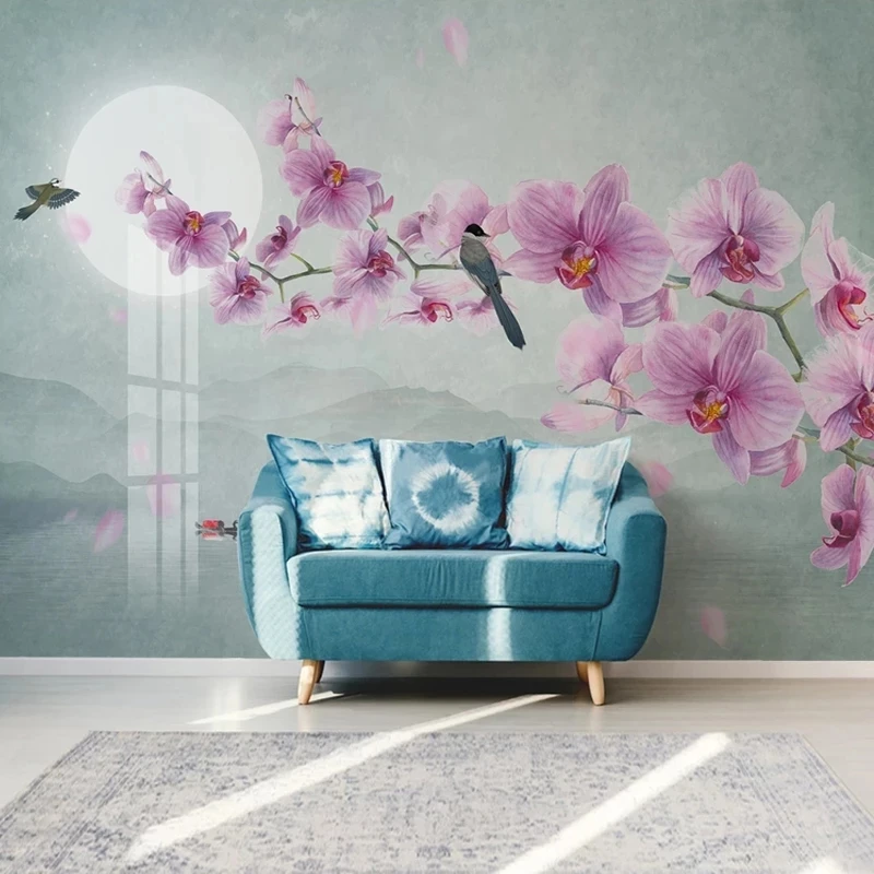 Customized Wallpaper Modern Hand-painted Flower Bird Butterfly Orchid Mural Living room TV background wall bedroom restaurant 8d