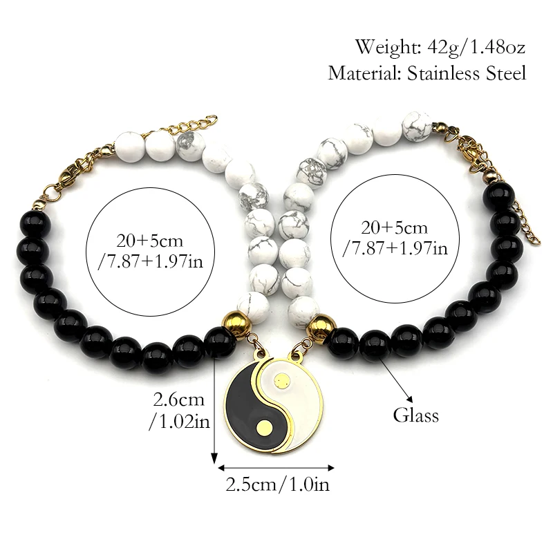 تاي تشي يين يانغ زوجين سلسلة للنساء الرجال الفولاذ المقاوم للصدأ أبيض أسود الخرز الصينية الفن الإيمان قلادة القلائد مجوهرات هدية #6