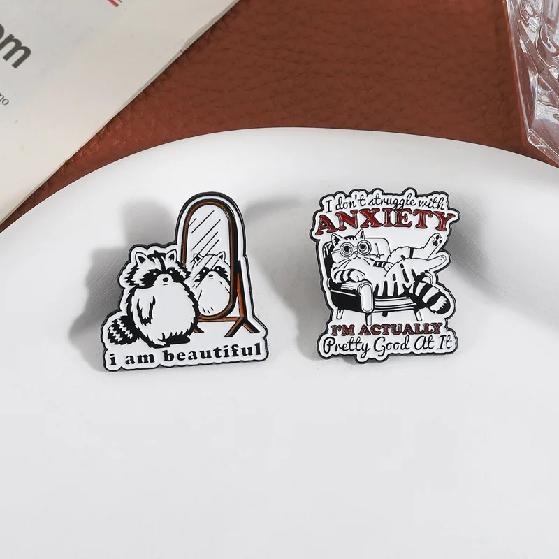 Cute Little Raccoon Healing Brooch with The English Quote 