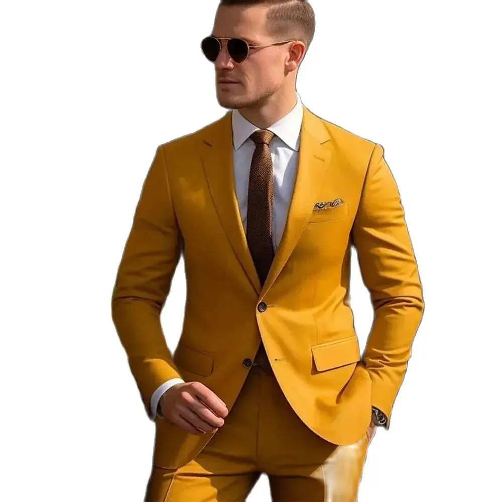 High Quality Men Suits Yellow Single Breasted Skinny Blazer 2 Piece Jacket Pants Set Formal Wedding Outfits Costume Homme 033B