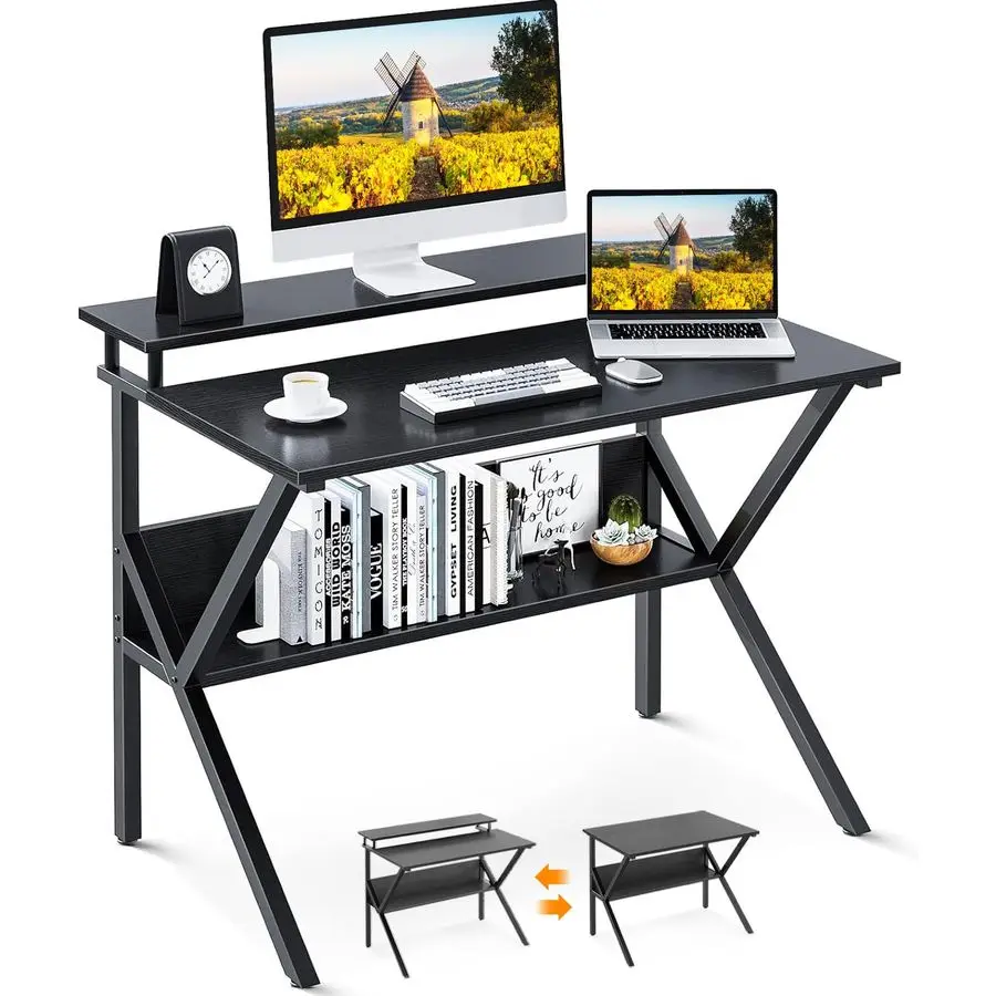 

Small Desk, 27.5 Inch Computer Desk for Small Spaces, Kids Desk with Storage, Study Table with Monitor Stand for Homeschool, Bla
